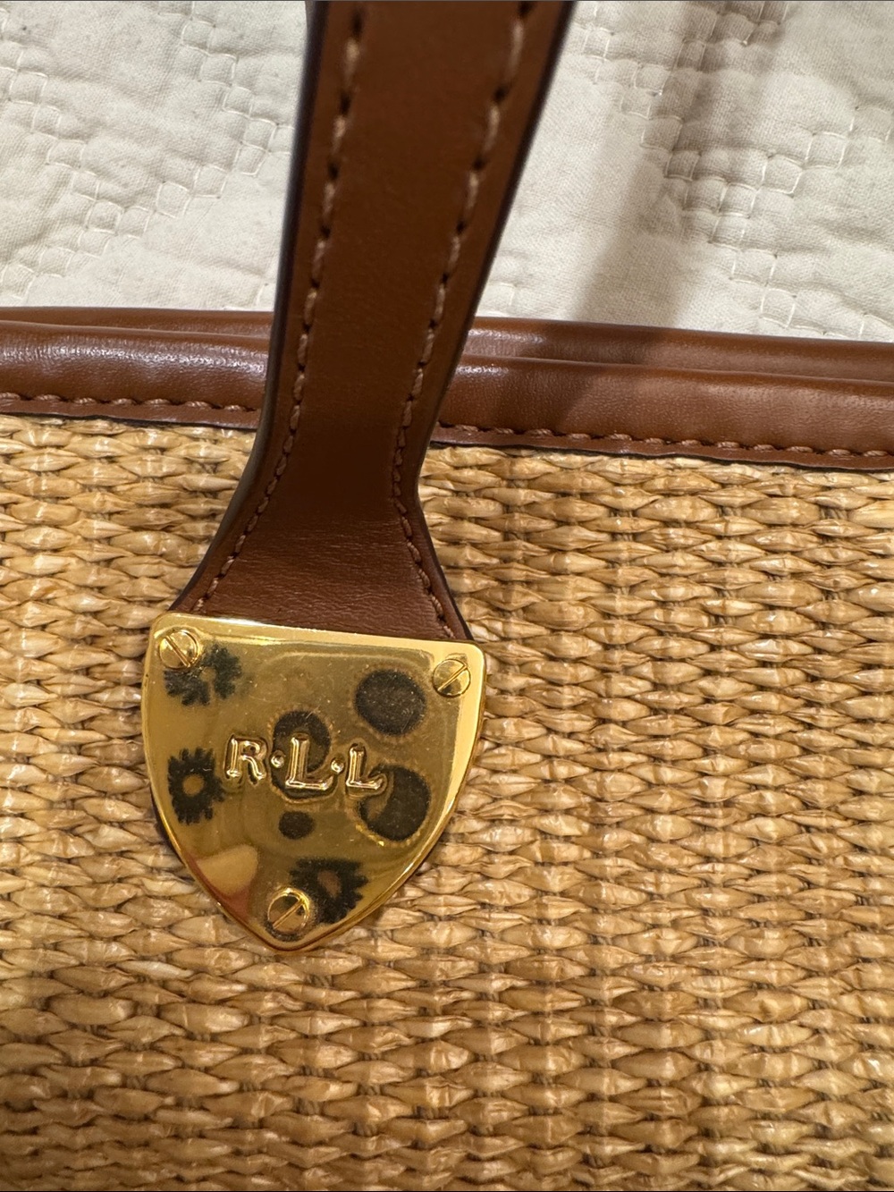 Lauren Ralph Lauren Tan Woven Straw Tote with Brown Leather Trim - Picture 3 of 17